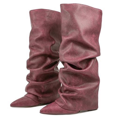 Ceciloroda Fold Over Stiefel Slouch Block Heels Dressy Kniestiefel für Damen Shark Stiefel Pointed Toe Wide Calf Pull on Pleated Fall Schuhe Purple Size 38 von Ceciloroda