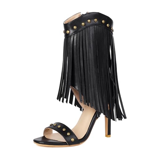 Ceciloroda Franse Sandalen Stiletto für Damen Ankle Wrap Open Toe Quasten Dressy Schuhe Western Party Heels Studed Performance Schuhe Black Size 47 von Ceciloroda