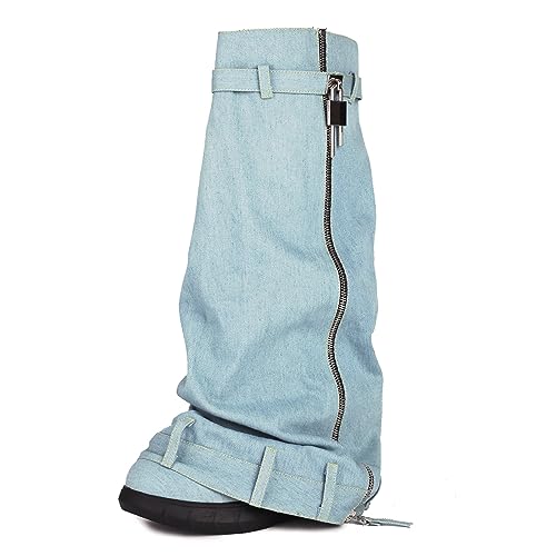 Ceciloroda Keilabsatz Fold Over Stiefel Knee High Plateau Denim Shark Stiefel Wide Calf Distressed Trousers Botas Zipper Pleated Jeans Blue Size 38 von Ceciloroda