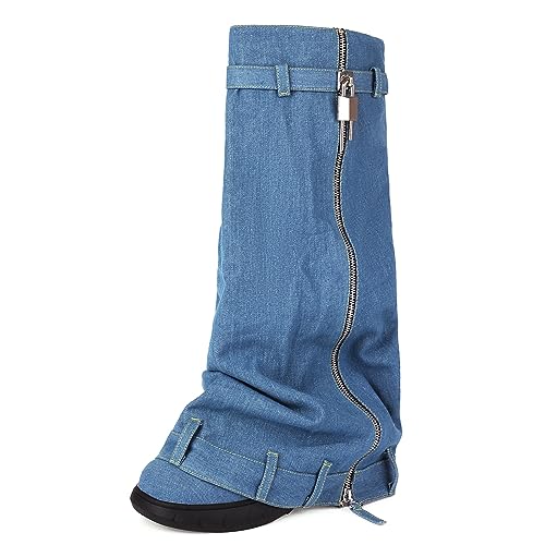 Ceciloroda Keilabsatz Fold Over Stiefel Knee High Plateau Denim Shark Stiefel Wide Calf Distressed Trousers Botas Zipper Pleated Jeans Blue Size 40 von Ceciloroda