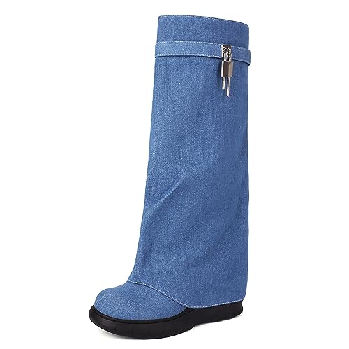 Ceciloroda Keilabsatz Fold Over Stiefel Knee High Plateau Denim Shark Stiefel Wide Calf Distressed Trousers Botas ZipperJeans Blue Size 38 von Ceciloroda