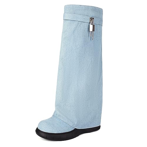 Ceciloroda Keilabsatz Fold Over Stiefel Knee High Plateau Denim Shark Stiefel Wide Calf Distressed Trousers Botas ZipperJeans Blue Size 48 von Ceciloroda