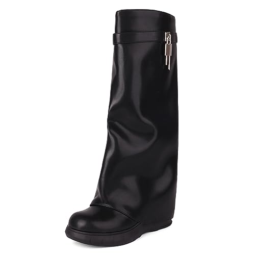 Ceciloroda Keilabsatz Fold Over Stiefel Knee High Plateau Shark Stiefel Wide Calf Covered Trousers Botas Mujer Zipper Black Size 41 von Ceciloroda