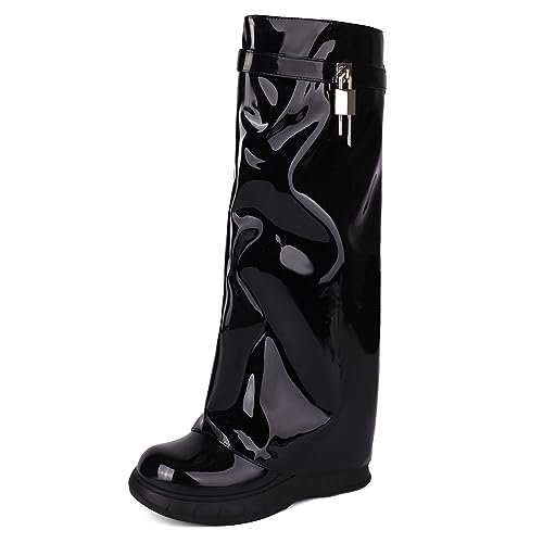 Ceciloroda Keilabsatz Fold Over Stiefel Knee High Plateau Shark Stiefel Wide Calf Covered Trousers Botas Mujer Zipper Lack Black Size 39 Ceciloroda Keilabsatz Fold Over Stiefel Knee High Plateau Shark Stiefel Wide Calf Covered Trousers Botas Mujer Zipper Lack Black Size 39 von Ceciloroda