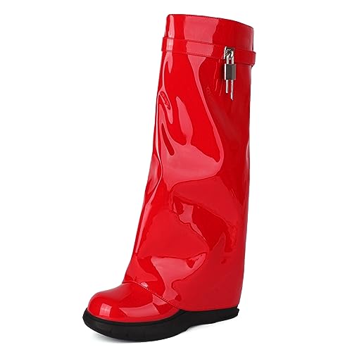 Ceciloroda Keilabsatz Fold Over Stiefel Knee High Plateau Shark Stiefel Wide Calf Covered Trousers Botas Mujer Zipper Lack Red Size 41 Ceciloroda Keilabsatz Fold Over Stiefel Knee High Plateau Shark Stiefel Wide Calf Covered Trousers Botas Mujer Zipper Lack Red Size 41 von Ceciloroda