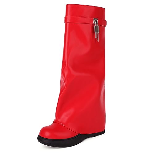 Ceciloroda Keilabsatz Fold Over Stiefel Knee High Plateau Shark Stiefel Wide Calf Covered Trousers Botas Mujer Zipper Red Size 41 von Ceciloroda