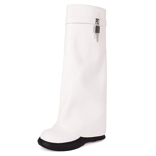 Ceciloroda Keilabsatz Fold Over Stiefel Knee High Plateau Shark Stiefel Wide Calf Covered Trousers Botas Mujer Zipper White Size 38 Ceciloroda Keilabsatz Fold Over Stiefel Knee High Plateau Shark Stiefel Wide Calf Covered Trousers Botas Mujer Zipper White Size 38 von Ceciloroda