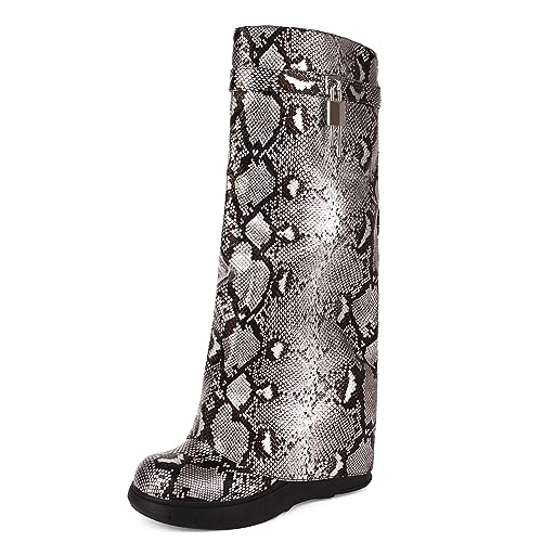 Ceciloroda Keilabsatz Fold Over Stiefel Knee High Plateau Shark Stiefel Wide Calf Distressed Trousers Botas Animal Print Snake Size 38 von Ceciloroda