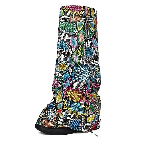 Ceciloroda Keilabsatz Fold Over Stiefel Knee High Plateau Shark Stiefel Wide Calf Distressed Trousers Botas Pleated Animal Print Snake Size 38 von Ceciloroda