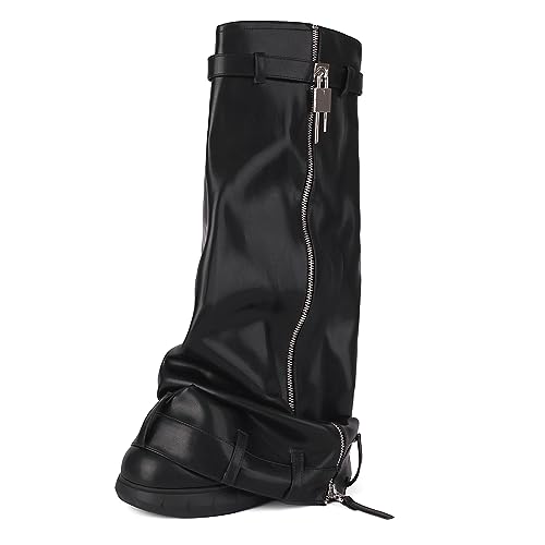 Ceciloroda Keilabsatz Fold Over Stiefel Knee High Plateau Shark Stiefel Wide Calf Distressed Trousers Botas Zipper Pleated Black Size 48 von Ceciloroda