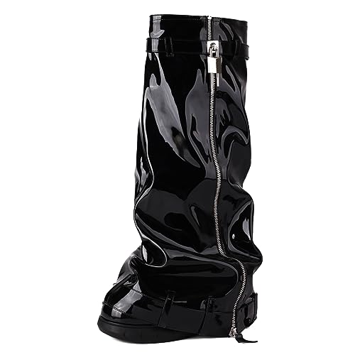 Ceciloroda Keilabsatz Fold Over Stiefel Knee High Plateau Shark Stiefel Wide Calf Distressed Trousers Botas Zipper Pleated Lack Black Size 38 von Ceciloroda