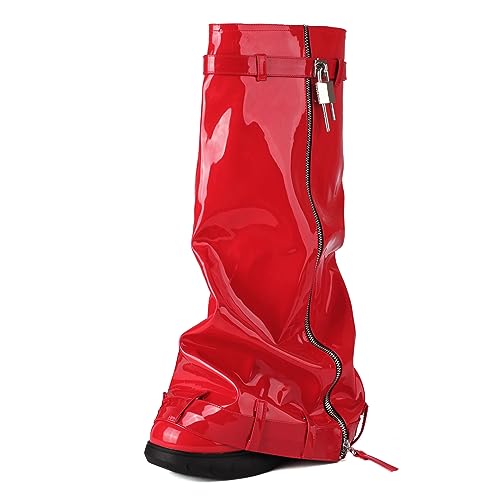 Ceciloroda Keilabsatz Fold Over Stiefel Knee High Plateau Shark Stiefel Wide Calf Distressed Trousers Botas Zipper Pleated Lack Red Size 41 von Ceciloroda