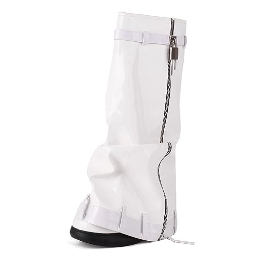Ceciloroda Keilabsatz Fold Over Stiefel Knee High Plateau Shark Stiefel Wide Calf Distressed Trousers Botas Zipper Pleated Lack White Size 41 von Ceciloroda