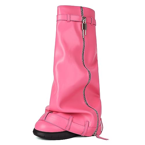 Ceciloroda Keilabsatz Fold Over Stiefel Knee High Plateau Shark Stiefel Wide Calf Distressed Trousers Botas Zipper Pleated Pink Size 40 von Ceciloroda