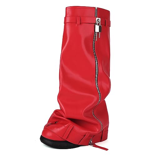 Ceciloroda Keilabsatz Fold Over Stiefel Knee High Plateau Shark Stiefel Wide Calf Distressed Trousers Botas Zipper Pleated Red Size 42 von Ceciloroda