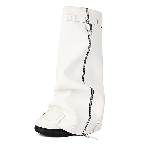 Ceciloroda Keilabsatz Fold Over Stiefel Knee High Plateau Shark Stiefel Wide Calf Distressed Trousers Botas Zipper Pleated White Size 37 von Ceciloroda