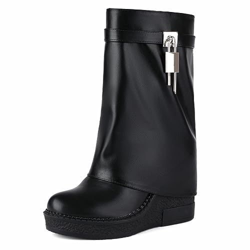 Ceciloroda Keilabsatz Fold Over Stiefel Mid Calf Plateau Shark Stiefel Wide Calf Distressed Trousers Botas Zipper Covered Black Size 39 von Ceciloroda