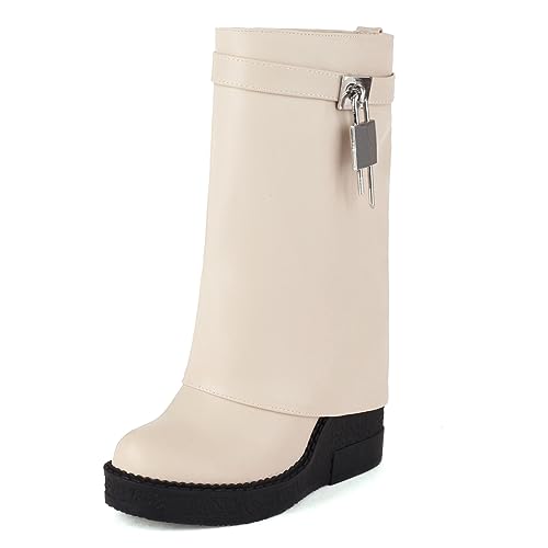 Ceciloroda Keilabsatz Fold Over Stiefel Mid Calf Plateau Shark Stiefel Wide Calf Distressed Trousers Botas Zipper Covered White Size 38 von Ceciloroda