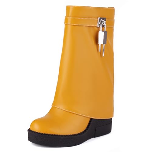 Ceciloroda Keilabsatz Fold Over Stiefel Mid Calf Plateau Shark Stiefel Wide Calf Distressed Trousers Botas Zipper Covered Yellow Size 40 Ceciloroda Keilabsatz Fold Over Stiefel Mid Calf Plateau Shark Stiefel Wide Calf Distressed Trousers Botas Zipper Covered Yellow Size 40 von Ceciloroda