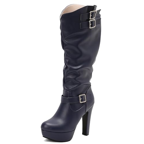 Ceciloroda Mode Blockabsatz Knee Hohe Stiefel Plateau für Damen Kampfstiefel Ohne Verschluss Mid Top Party Goth Stiefel Slouch Schnalle Blue Plus Size 43 von Ceciloroda