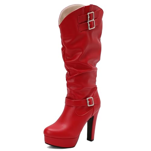 Ceciloroda Mode Blockabsatz Knee Hohe Stiefel Plateau für Damen Kampfstiefel Ohne Verschluss Mid Top Party Goth Stiefel Slouch Schnalle Red Plus Size 40 von Ceciloroda