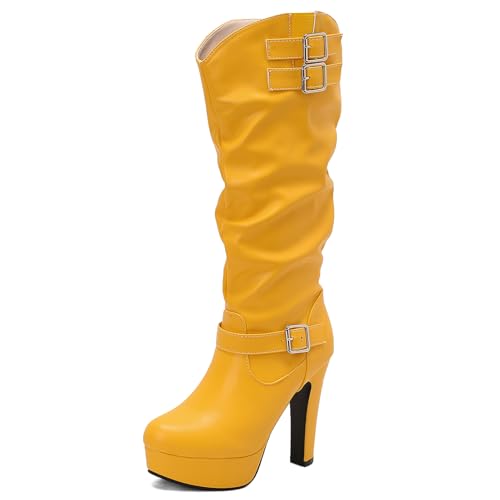 Ceciloroda Mode Blockabsatz Knee Hohe Stiefel Plateau für Damen Kampfstiefel Ohne Verschluss Mid Top Party Goth Stiefel Slouch Schnalle Yellow Plus Size 38 von Ceciloroda