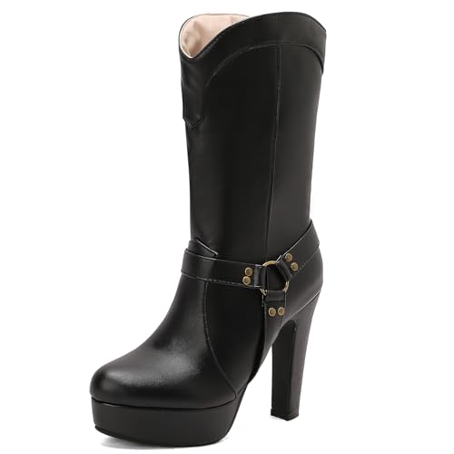 Ceciloroda Mode Blockabsatz Mid Calf Stiefel Plateau für Damen Kampfstiefel Ohne Verschluss Half High Party Goth Stiefel Schnalle Black Plus Size 35 von Ceciloroda