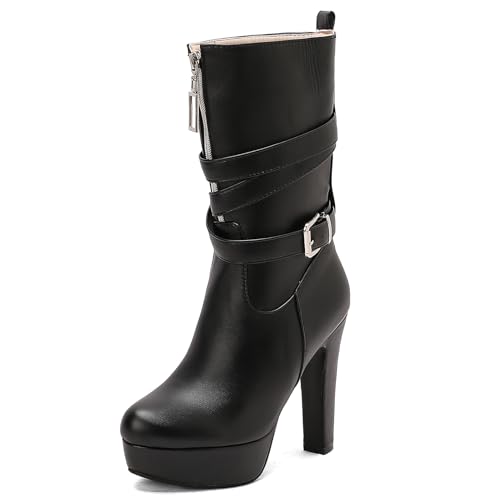 Ceciloroda Mode Blockabsatz Mid Calf Stiefel Plateau für Damen Kampfstiefel Ohne Verschluss Half High Party Goth Stiefel Schnalle Black Plus Size 38 von Ceciloroda