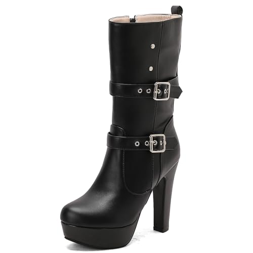 Ceciloroda Mode Blockabsatz Mid Calf Stiefel Plateau für Damen Kampfstiefel Ohne Verschluss Half High Party Goth Stiefel Schnalle Black Plus Size 47 von Ceciloroda