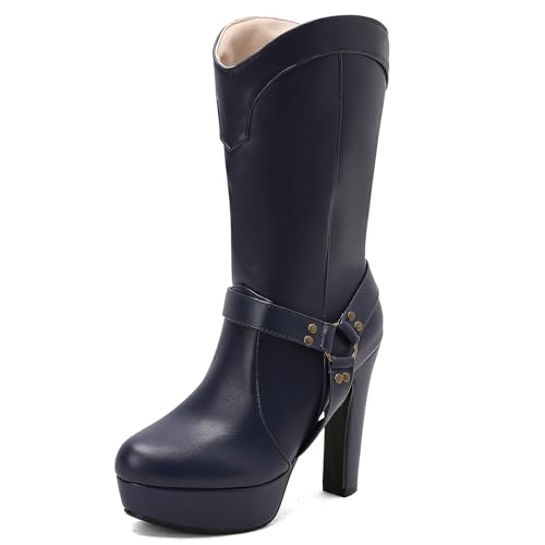 Ceciloroda Mode Blockabsatz Mid Calf Stiefel Plateau für Damen Kampfstiefel Ohne Verschluss Half High Party Goth Stiefel Schnalle Blue Plus Size 36 von Ceciloroda
