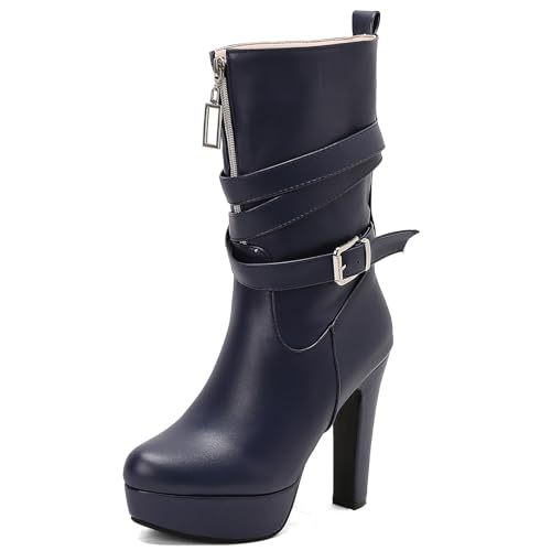 Ceciloroda Mode Blockabsatz Mid Calf Stiefel Plateau für Damen Kampfstiefel Ohne Verschluss Half High Party Goth Stiefel Schnalle Blue Plus Size 48 von Ceciloroda
