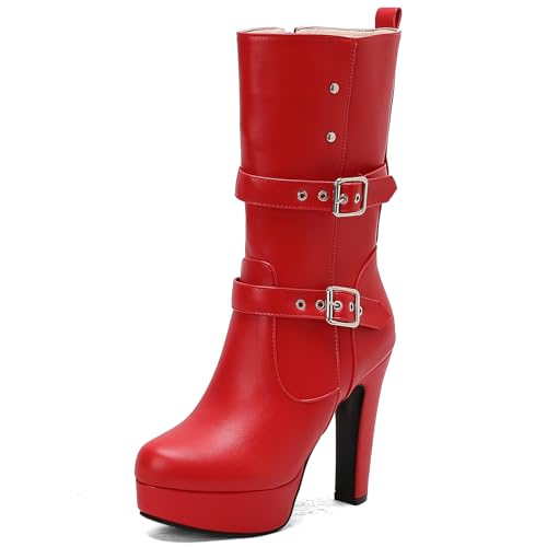 Ceciloroda Mode Blockabsatz Mid Calf Stiefel Plateau für Damen Kampfstiefel Ohne Verschluss Half High Party Goth Stiefel Schnalle Red Plus Size 36 von Ceciloroda