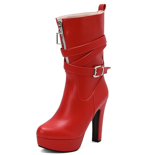Ceciloroda Mode Blockabsatz Mid Calf Stiefel Plateau für Damen Kampfstiefel Ohne Verschluss Half High Party Goth Stiefel Schnalle Red Plus Size 40 von Ceciloroda