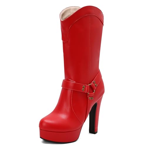 Ceciloroda Mode Blockabsatz Mid Calf Stiefel Plateau für Damen Kampfstiefel Ohne Verschluss Half High Party Goth Stiefel Schnalle Red Plus Size 44 von Ceciloroda