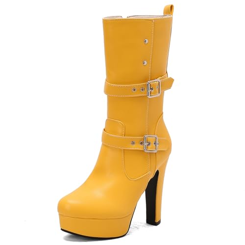 Ceciloroda Mode Blockabsatz Mid Calf Stiefel Plateau für Damen Kampfstiefel Ohne Verschluss Half High Party Goth Stiefel Schnalle Yellow Plus Size 38 von Ceciloroda