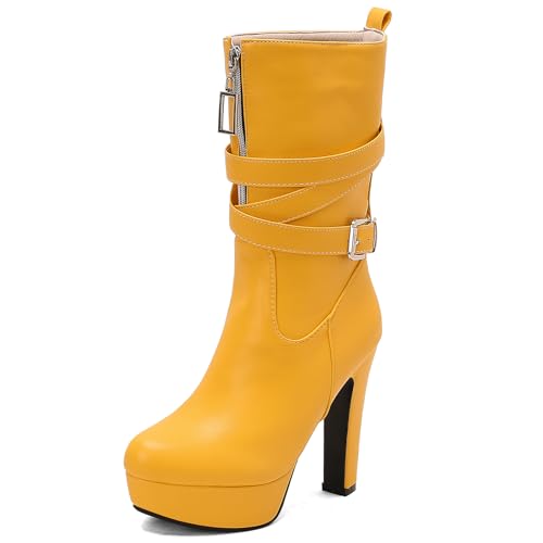 Ceciloroda Mode Blockabsatz Mid Calf Stiefel Plateau für Damen Kampfstiefel Ohne Verschluss Half High Party Goth Stiefel Schnalle Yellow Plus Size 45 von Ceciloroda