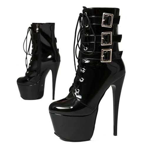 Ceciloroda Plateau Polo Dance Stiefel Ankle High Ultra High Heel Stiefeletten Stiletto Runde Zehen Performance Dancer Schuhe Lack Black Plus Size 38 von Ceciloroda