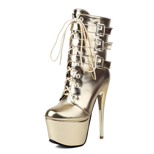 Ceciloroda Plateau Polo Dance Stiefel Ankle High Ultra High Heel Stiefeletten Stiletto Runde Zehen Performance Dancer Schuhe Lack Gold Plus Size 40 von Ceciloroda