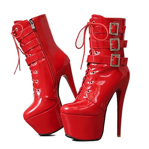 Ceciloroda Plateau Polo Dance Stiefel Ankle High Ultra High Heel Stiefeletten Stiletto Runde Zehen Performance Dancer Schuhe Lack Red Plus Size 38 von Ceciloroda
