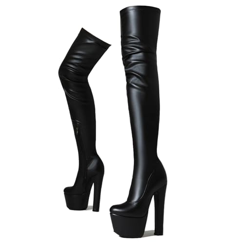 Ceciloroda Ultra-High Block Heel Hohe Stiefel Overknee Pole Dance Schuhe Plateau Dressy Stiefel Stripper Heels für Damen Exotic Lack Black Size 46 von Ceciloroda