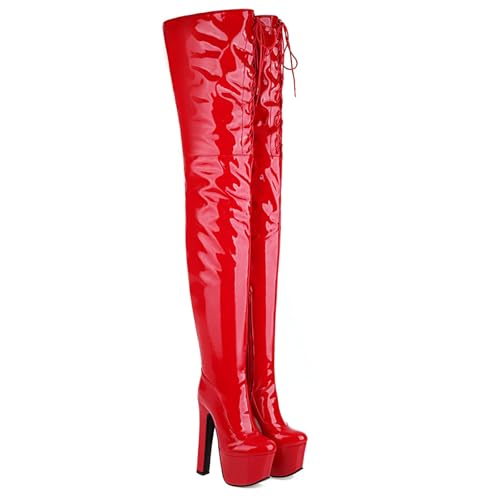 Ceciloroda Ultra-High Block Heel Schnüren Stiefel Overknee Pole Dance Schuhe Plateau Dressy Stiefel Stripper Heels für Damen Exotic Lack Red Size 46 von Ceciloroda