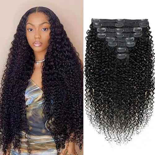 Cecycocy 3C 4A Kinky Echthaar-Extensions, gelockt, für schwarze Frauen, 100 % unverarbeitetes brasilianisches Echthaar, Vollkopf, Naturschwarz, 8 Stück mit 18 Clips, 12 Stück von Cecycocy