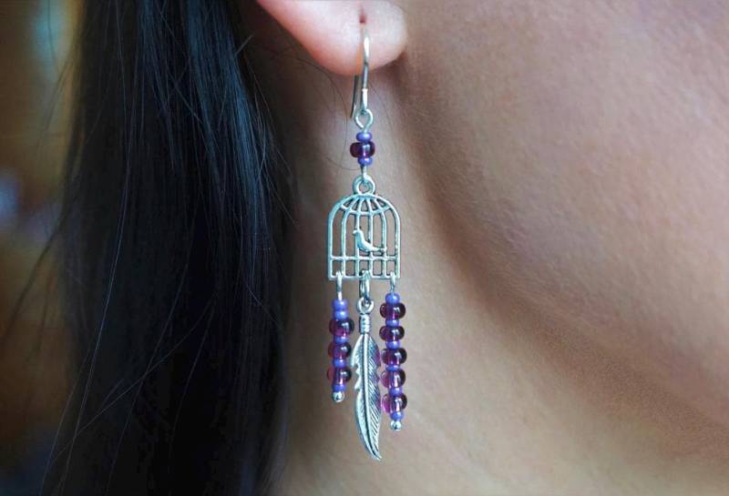 Filigrane Vogelkäfig Feder Ohrringe Sterling Silber Boho Festival von CecylDesign