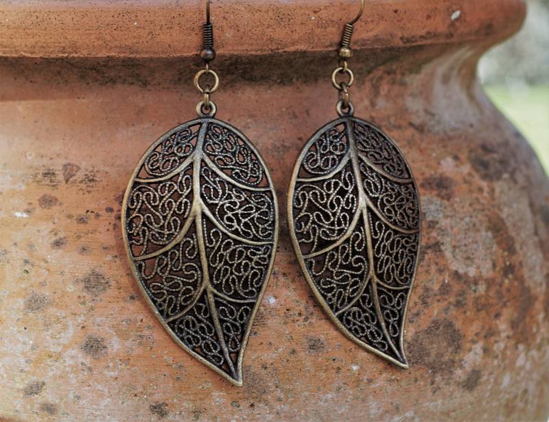 Große Filigrane Rustikale Bronze Blatt Ohrringe Boho Festival Boho Ohrringe von CecylDesign