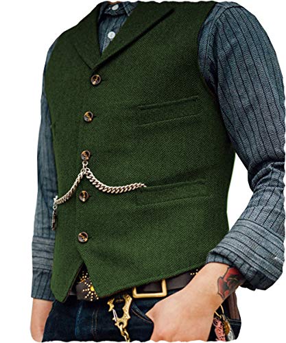 Herren Klassische Woll-Tweed-Anzugweste Lässige Ärmellose Jacke Fischgrätenweste für Smoking, Grün , X-Large von Ceehuteey