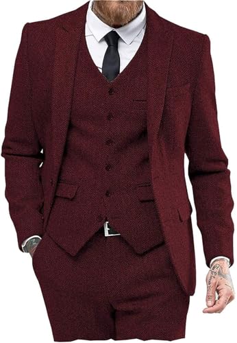 Herren-Tweed-Kleid mit Fischgrätenmuster, Hochzeitsanzug, Abschlussball, Smoking, 3-teiliges Kleid mit Spitzen-Revers, Burgunder, L von Ceehuteey