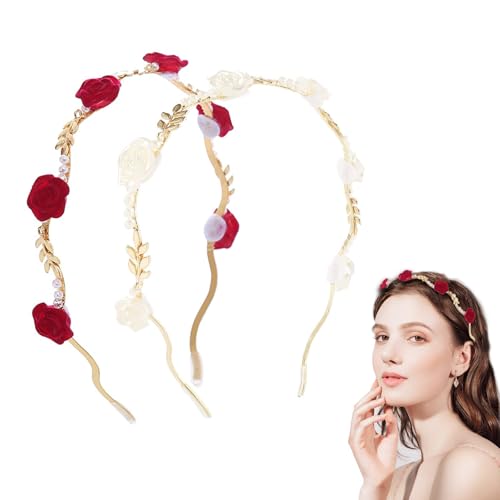 Ceeyoll 2 Stück Stirnband Mit Rosenperlen,Elegante Dirndl Haar Accessoire,Stirnband Aus Roten Und Weißen Rosenperlen, Perfekt für Jedes Outfit, Hochzeit Braut Kopfschmuck, für Partys,Feste,Reisen von Ceeyoll