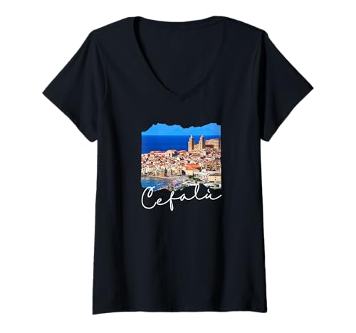 Damen Sizilien Cefalù T-Shirt mit V-Ausschnitt von Cefalu Italien Souvenirs