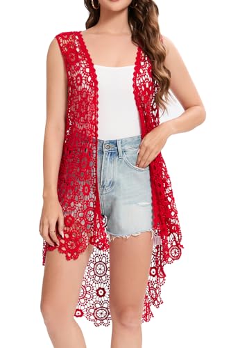 Cefulnel Damen Casual Lange Häkelweste Loose Fit Boho Spitze Cover Up High Low Ärmellos Cardigan, hellrot, Einheitsgröße von Cefulnel