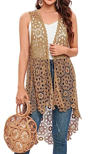 Damen Casual Lange Häkelweste Loose Fit Boho Spitze Cover Up High Low Ärmellos Cardigan, Khaki, Einheitsgröße von Cefulnel
